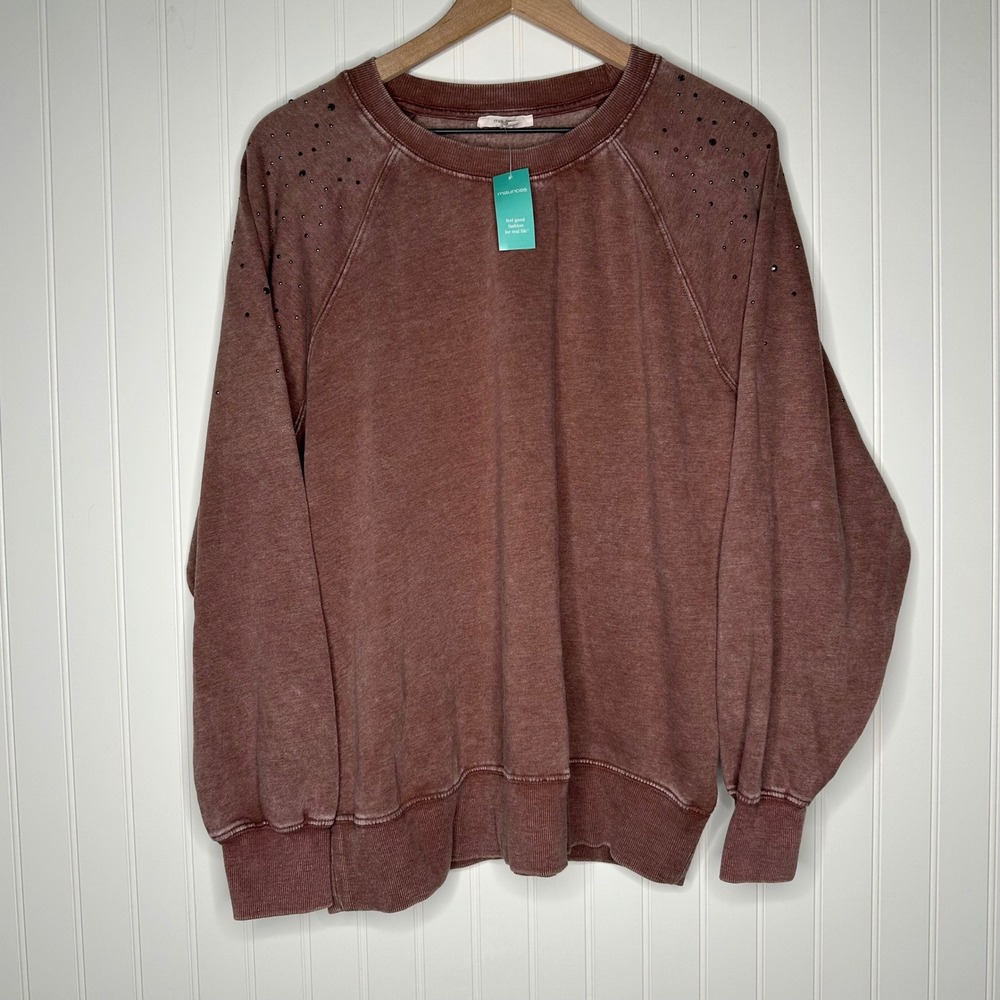 Maurices Womens Sweatshirt L NWT Dusty Rose Rhinestone Fleece Crewneck